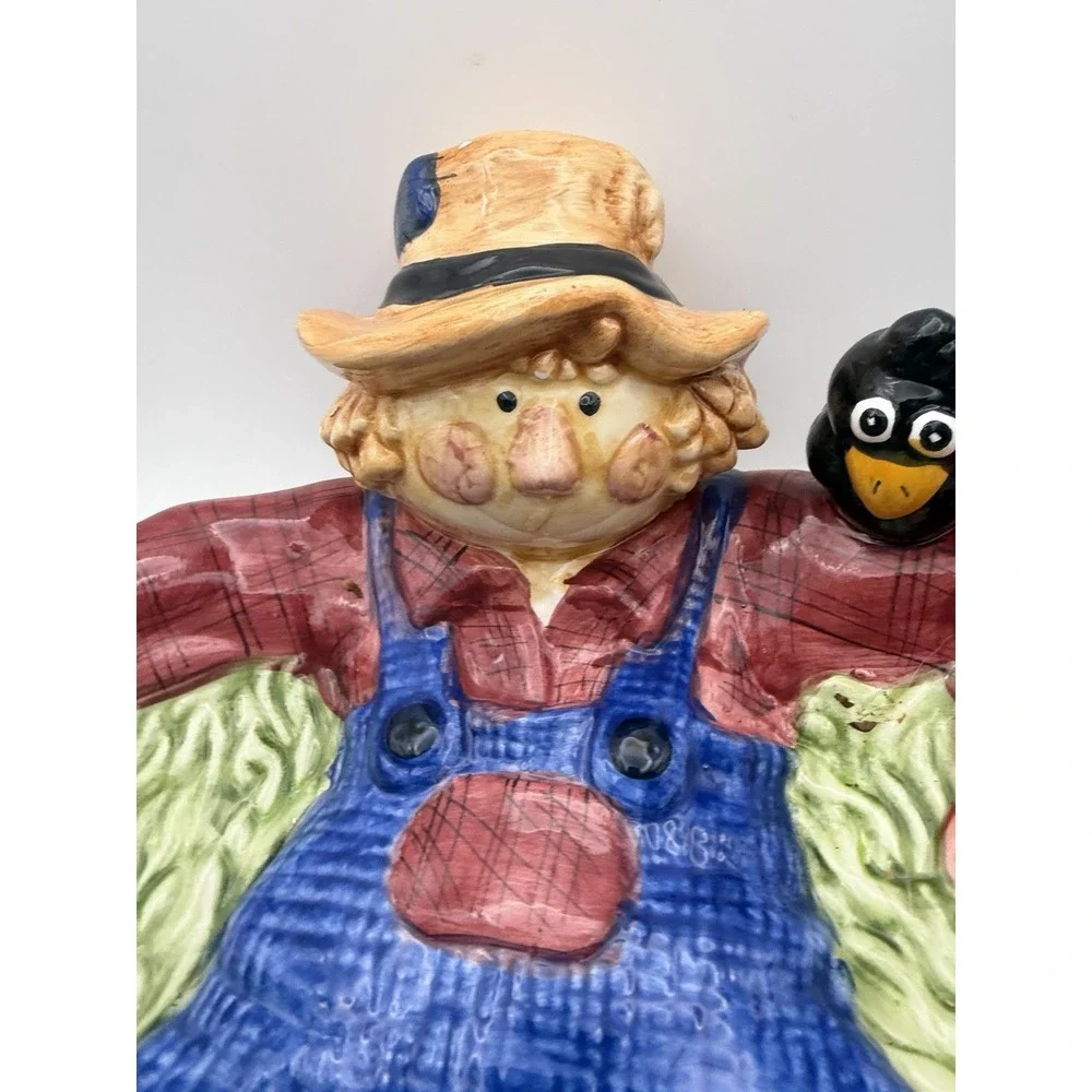 Scarecrow Harvest Serving Bowl Candy Dish Fall Halloween Pumpkin Ceramic Large